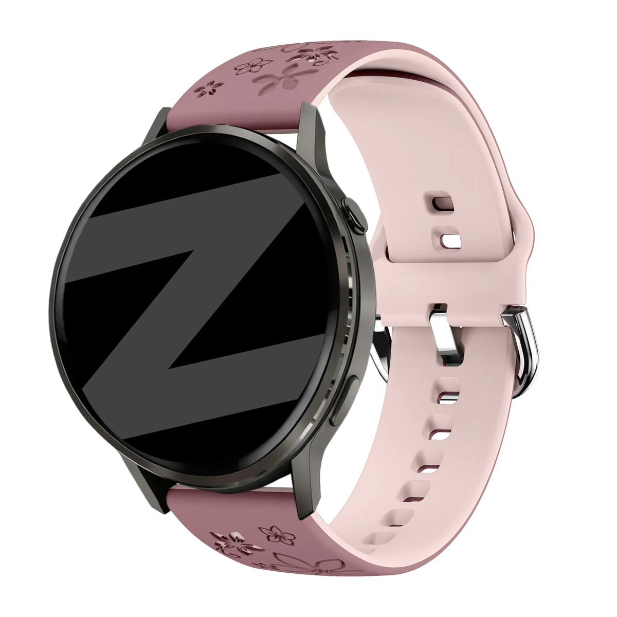 Silicone Strap 'Flowers', smoke purple/light pink, on a watch, 3/4 front view