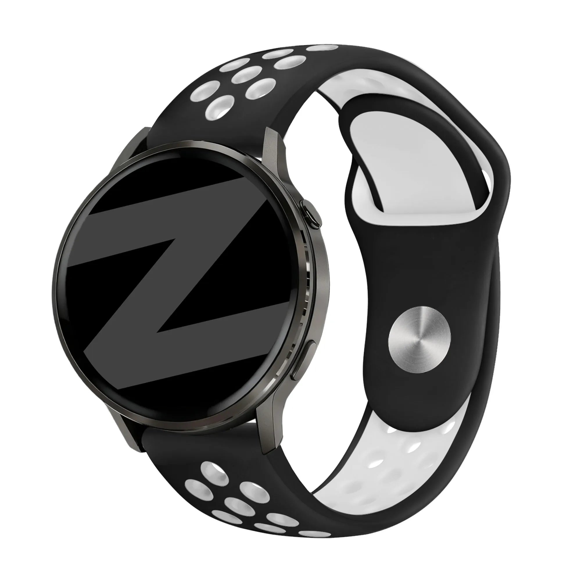 Silicone Sport Strap 'Deluxe', black/white, on a watch, 3/4 front view