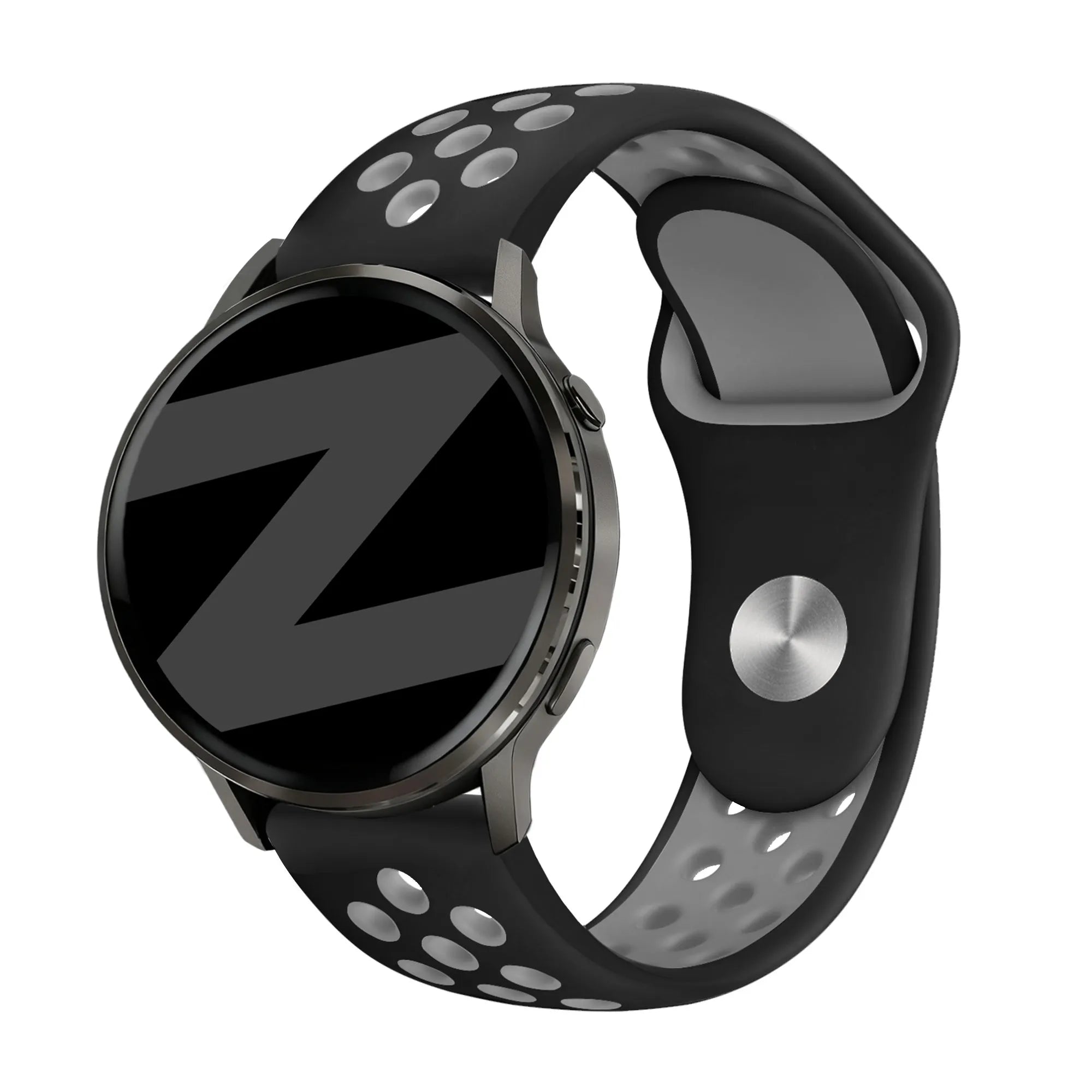 Silicone Sport Strap 'Deluxe', black/grey, on a watch, 3/4 front view