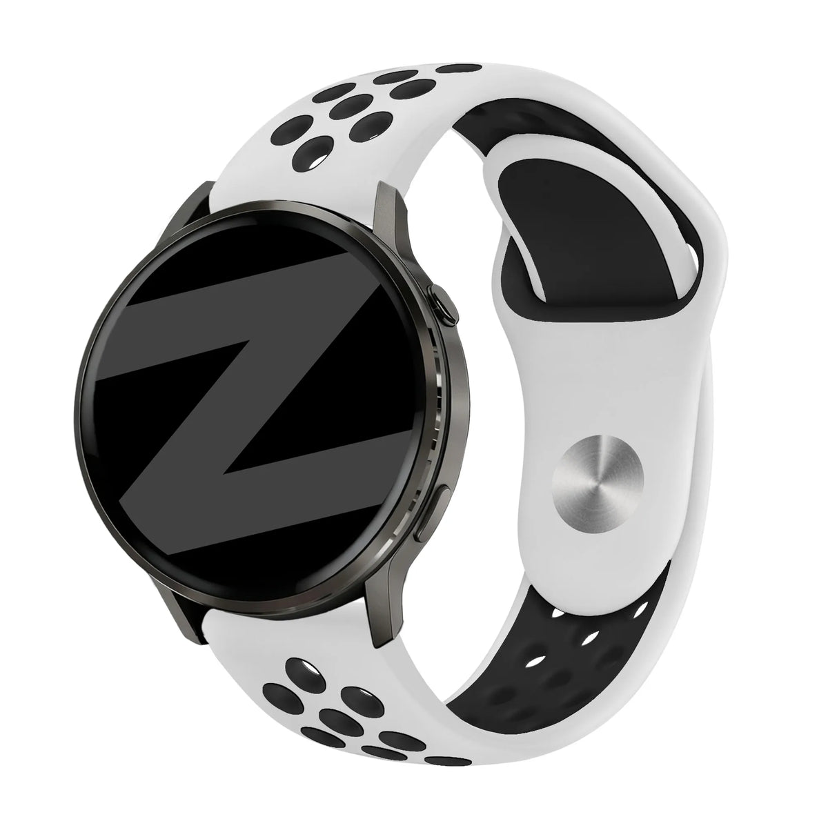 Silicone Sport Strap 'Deluxe', white/black, on a watch, 3/4 front view