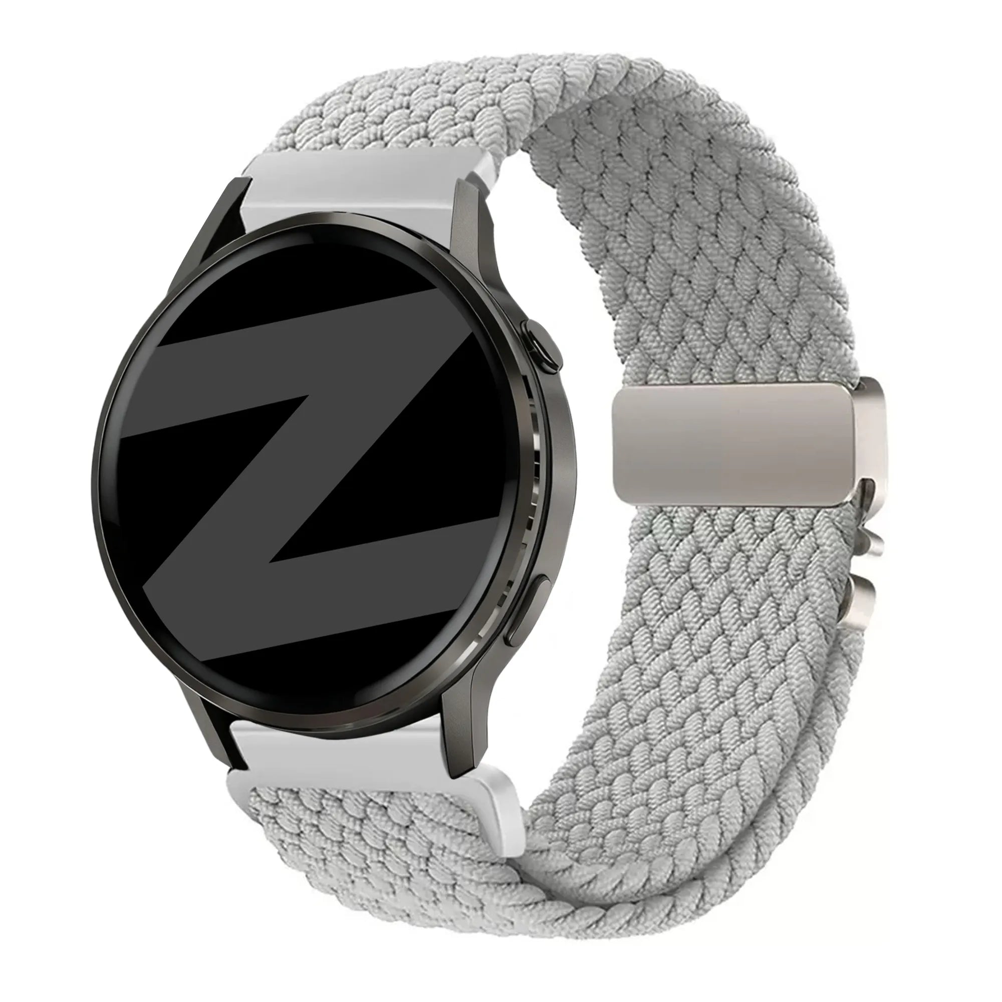 Nylon Braided Strap 'Parachute', light grey, on a watch, 3/4 front view