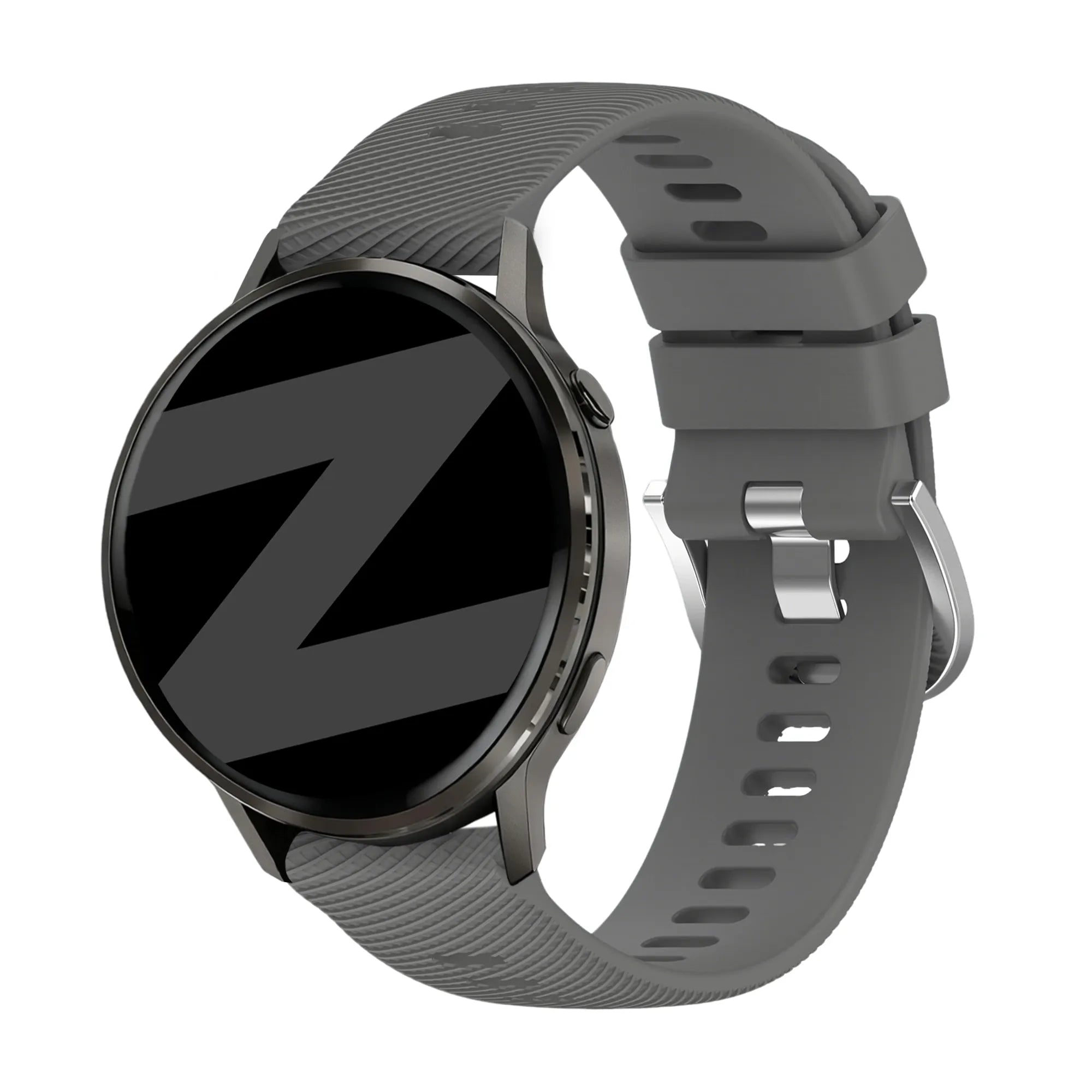 Silicone Strap 'Deluxe', dark grey, on a watch, 3/4 front view