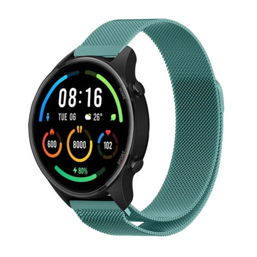 Milanese Strap, green, on a watch, 3/4 front view