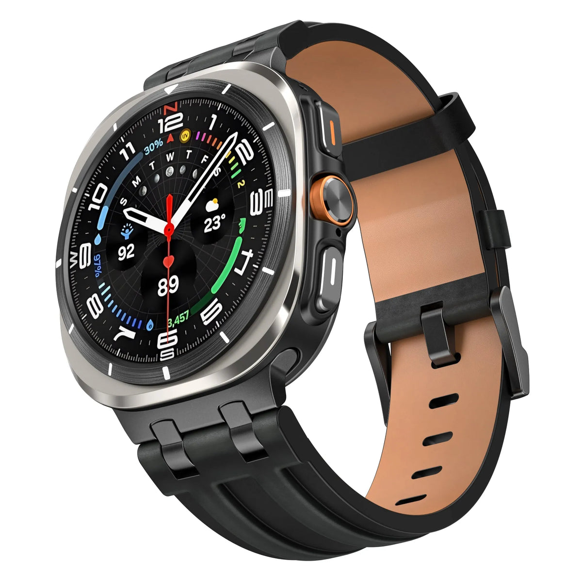 Solid Leather Strap, black, on a watch, 3/4 front view
