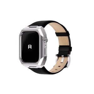 Reqior Apple Watch 45mm Metal Case with Leather Strap (Silver/Black)