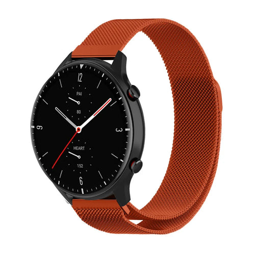 Milanese Strap, orange, on a watch, 3/4 front view