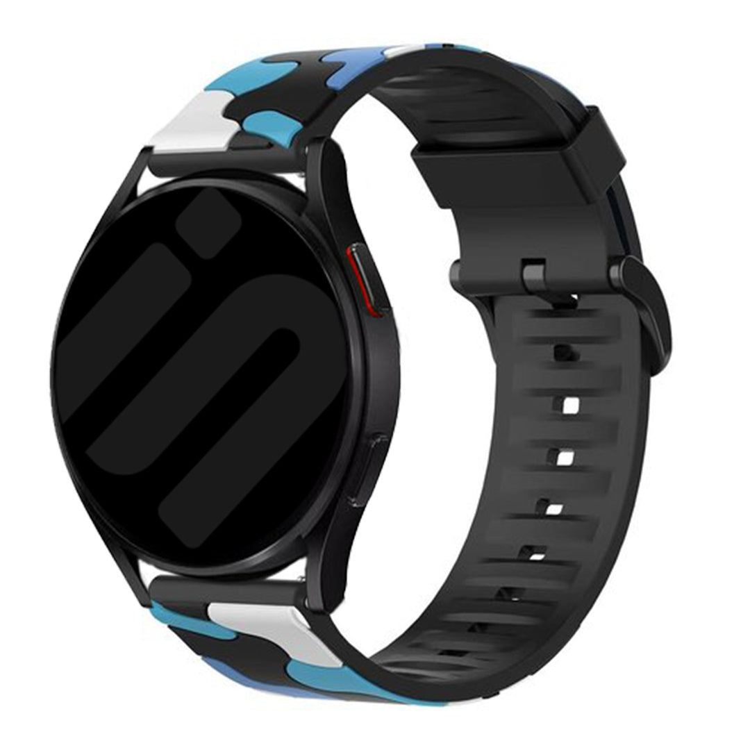 Silicone Camo Strap, blue, on a watch, 3/4 front view