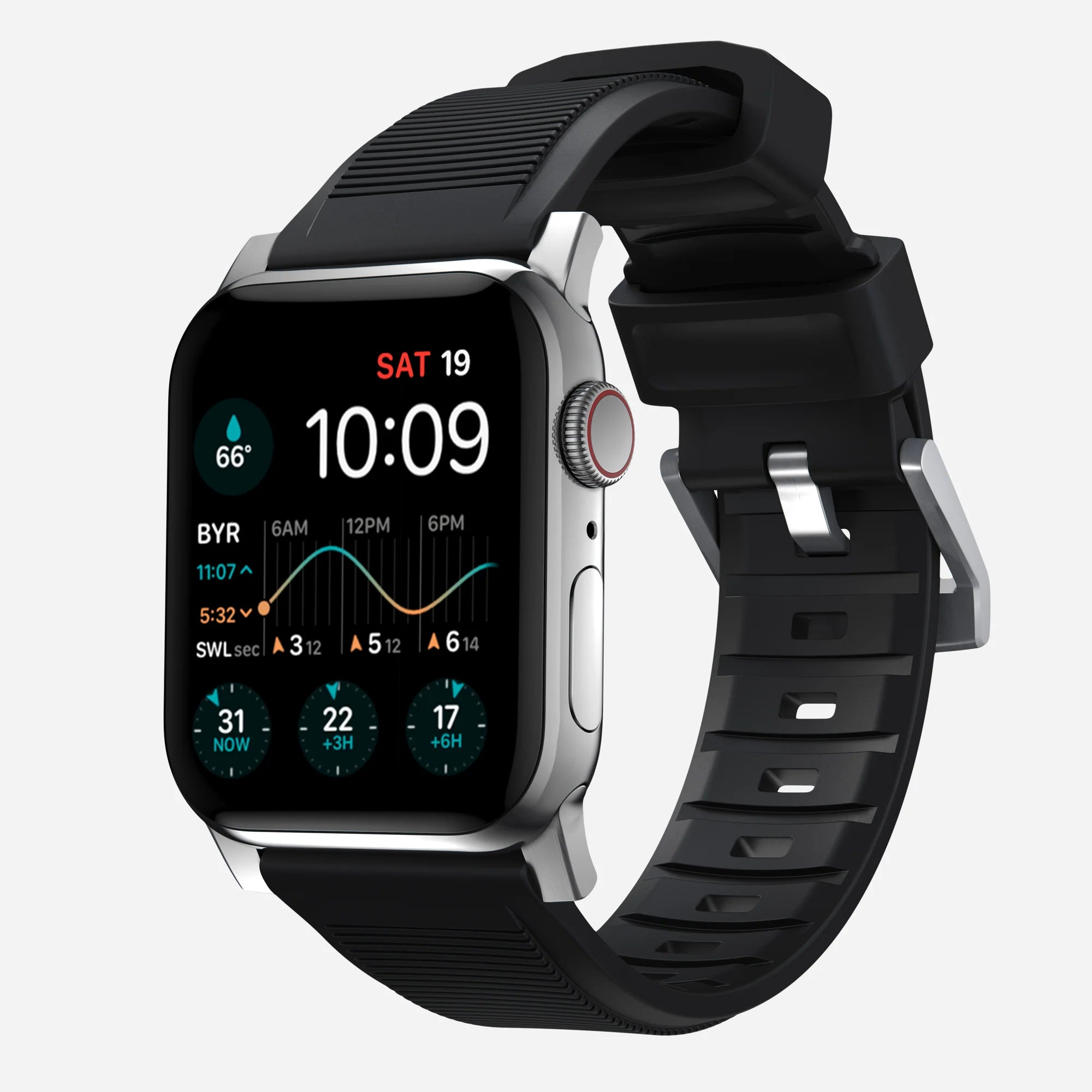 Nomad Correa de silicona resistente Apple Watch (negro/plateado)