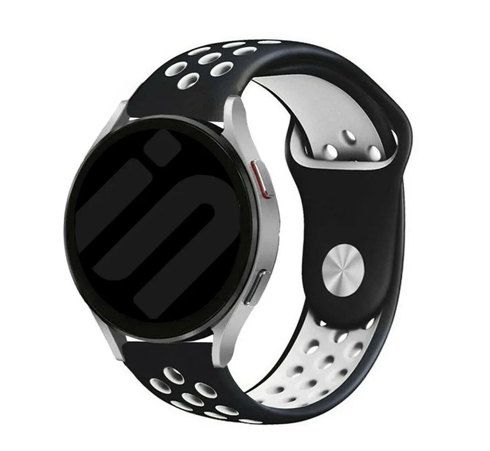 Silicone Sport Strap, black/white, on a watch, 3/4 front view