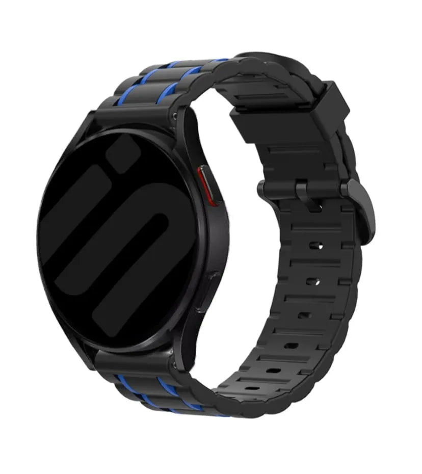 Silicone Strap 'Tough', black/blue, on a watch, 3/4 front view