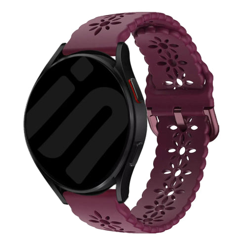 Patterned Silicone Strap, burgundy, on a watch, 3/4 front view