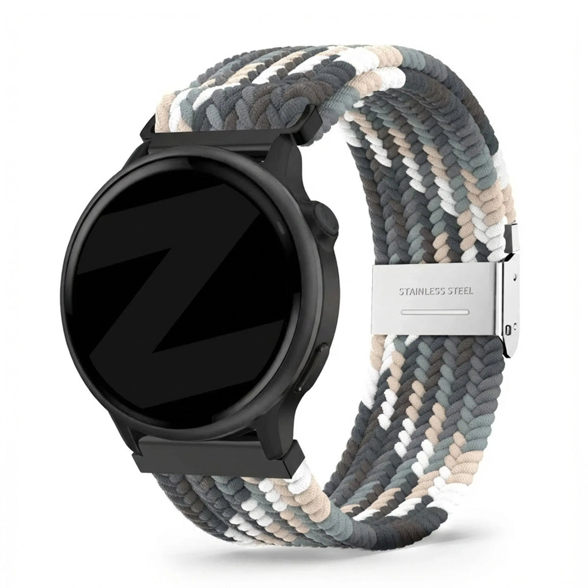Woven Nylon Strap, slate, on a watch, 3/4 front view