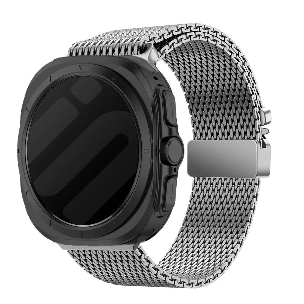 Modern Milanese Strap, titanium, on a watch, 3/4 front view
