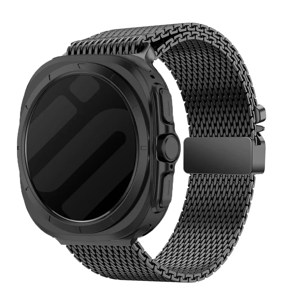 Modern Milanese Strap, black, on a watch, 3/4 front view