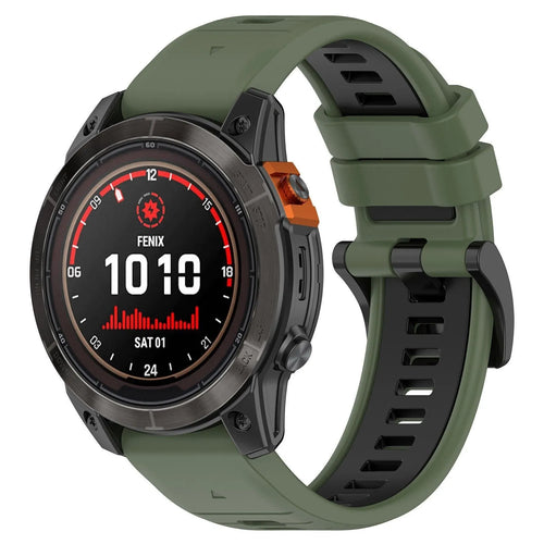 Silicone Buckled Sport Strap, olive green/black, on a watch, 3/4 front view