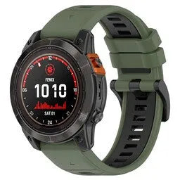 Silicone Buckled Sport Strap, olive green/black, on a watch, 3/4 front view