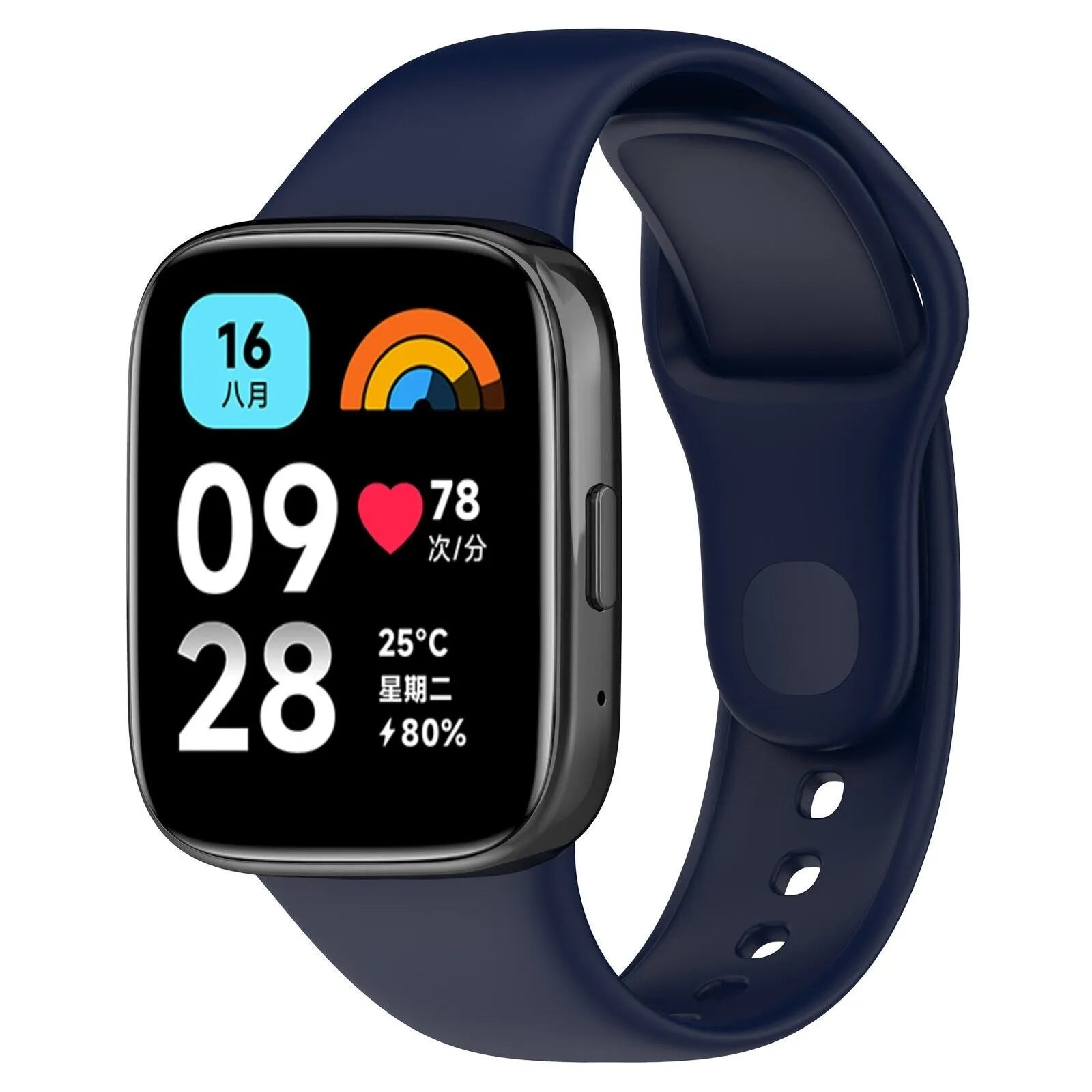 Silicone Strap, dark blue, on a watch, 3/4 front view