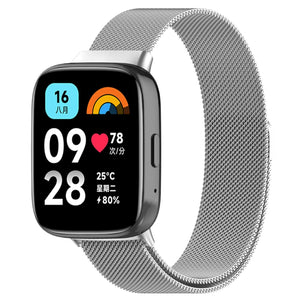 Milanese Strap, silver, on a watch, 3/4 front view