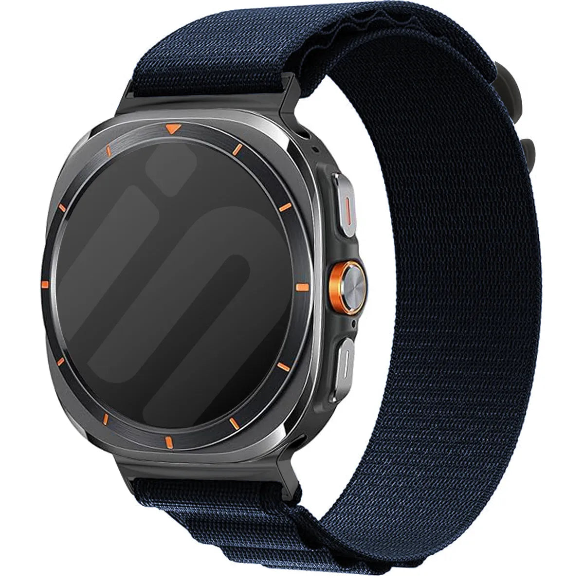 Alpine Nylon Strap, blue, on a watch, 3/4 front view