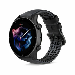 Leather Hybrid Strap, black, on a watch, 3/4 front view