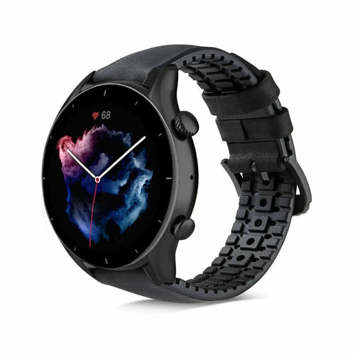 Leather Hybrid Strap, black, on a watch, 3/4 front view