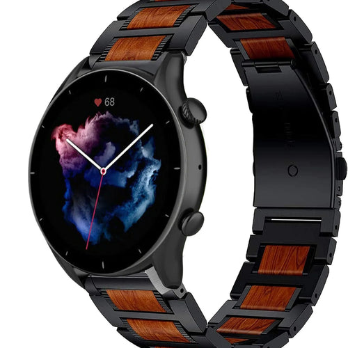 Wood Steel Strap, black, on a watch, 3/4 front view