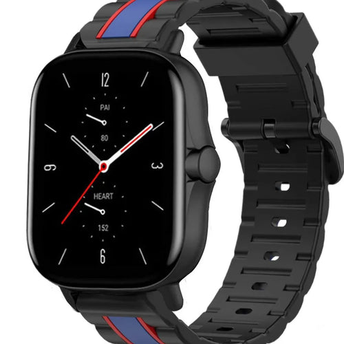 Silicone Special Edition Strap, black/blue, on a watch, 3/4 front view