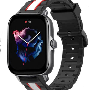 Silicone Special Edition Strap, black/white, on a watch, 3/4 front view