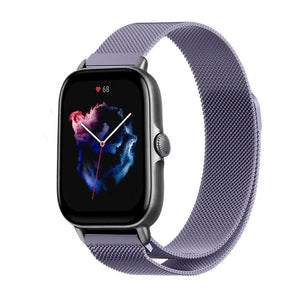 Milanese Strap, light purple, on a watch, 3/4 front view