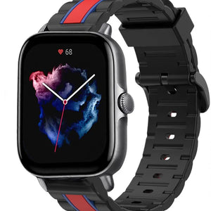 Silicone Special Edition Strap, black/red, on a watch, 3/4 front view