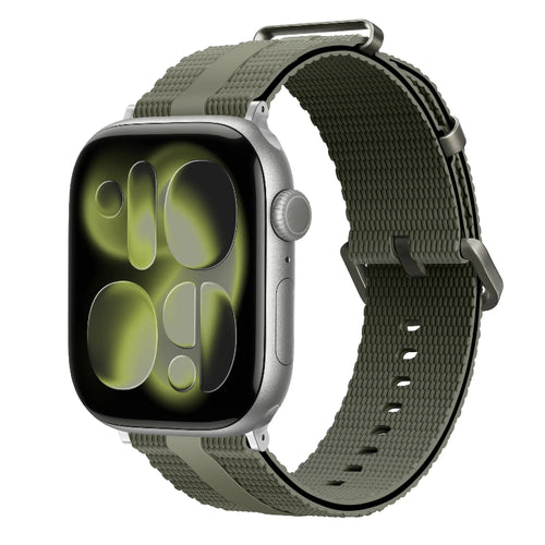Silicone Active Strap, army green, on a watch, 3/4 front view