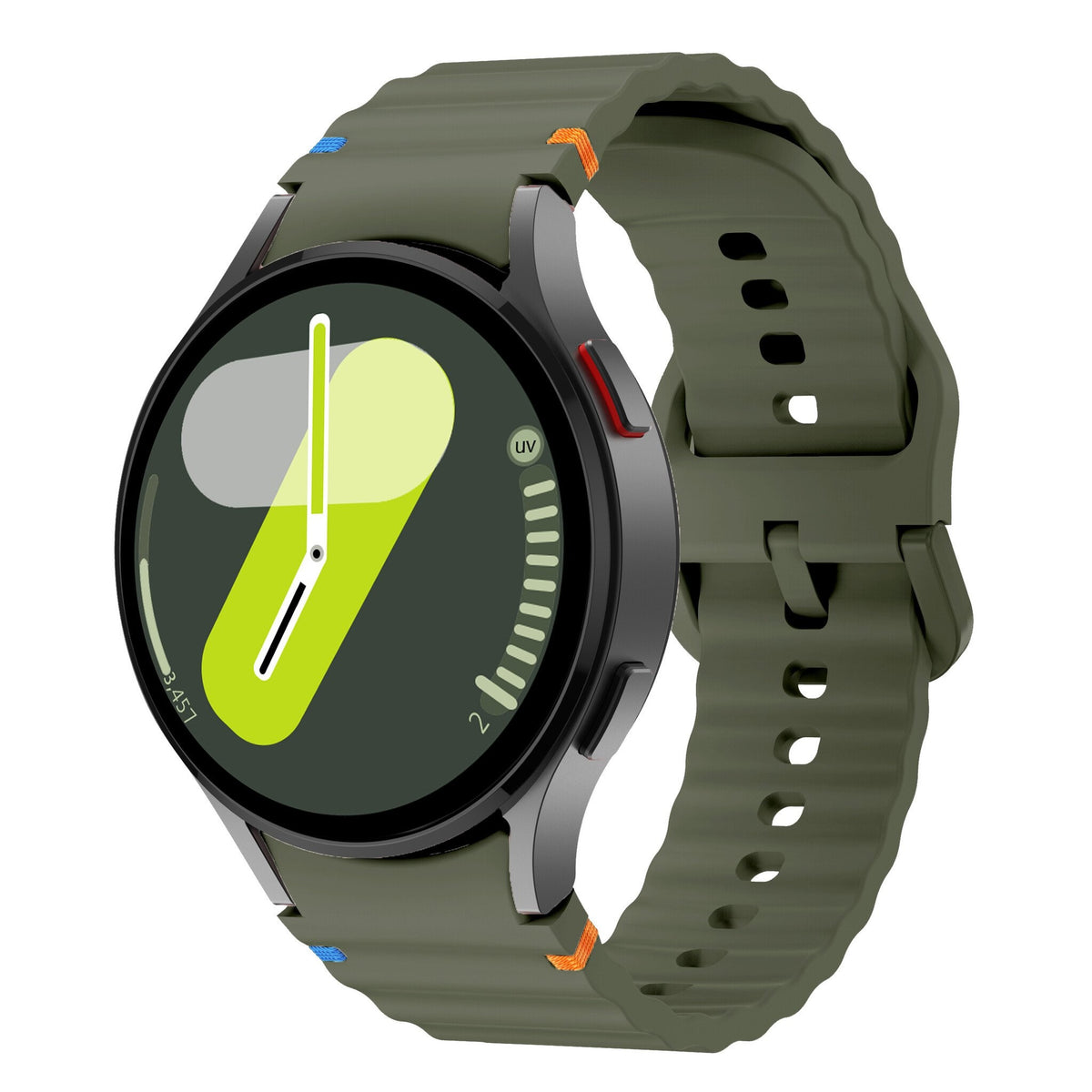 Wave Silicone Strap, army green, on a watch, 3/4 front view