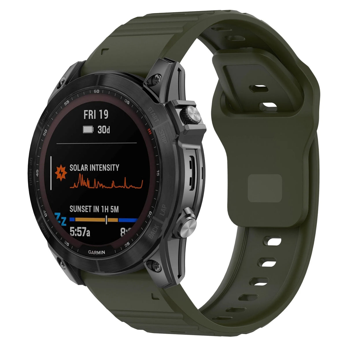 Outdoor Silicone Strap, army green, on a watch, 3/4 front view