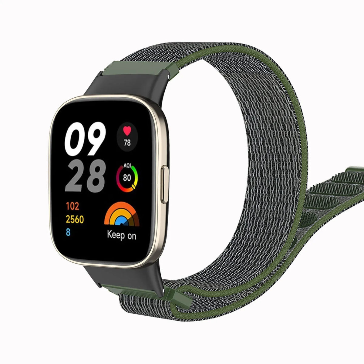Nylon Strap, army green, on a watch, 3/4 front view