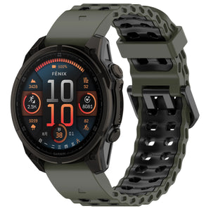 Silicone Wave Sport Strap, army green/black, on a watch, 3/4 front view