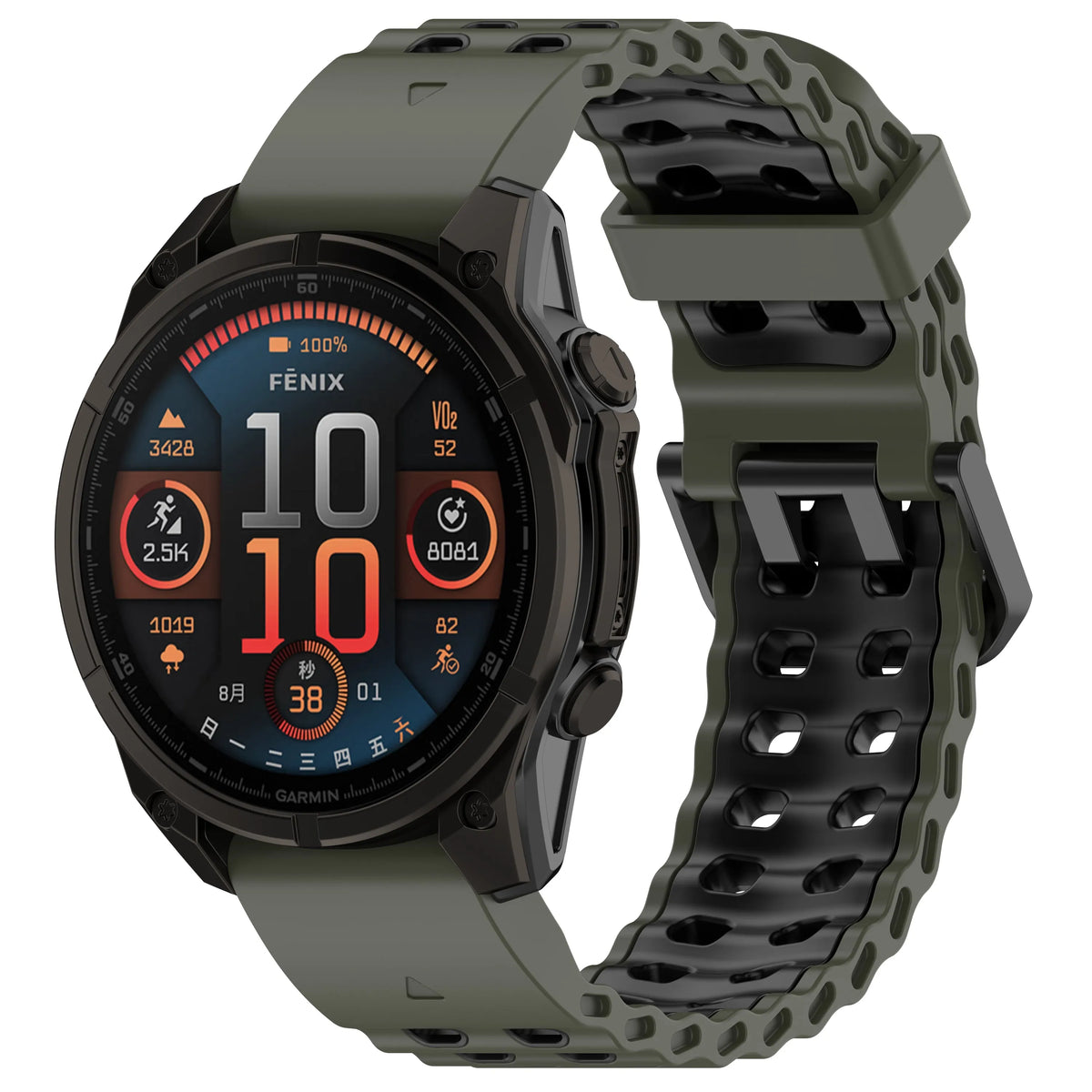 Silicone Wave Sport Strap, army green/black, on a watch, 3/4 front view