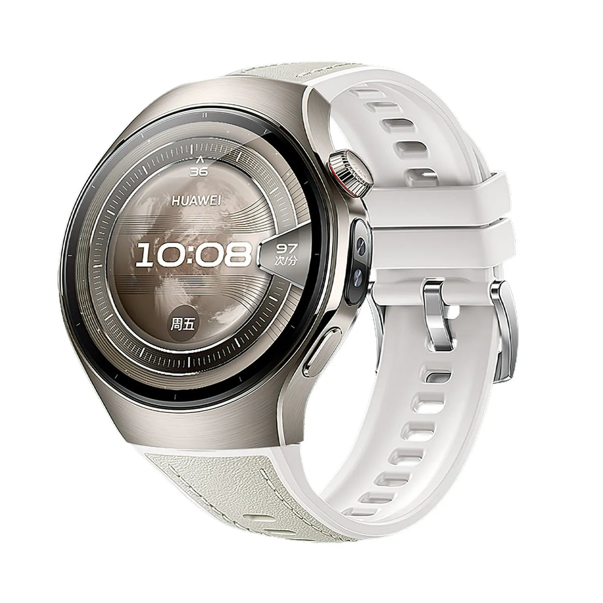 Silicone Leather Hybrid Strap 'Perfect Fit', beige, on a watch, 3/4 front view