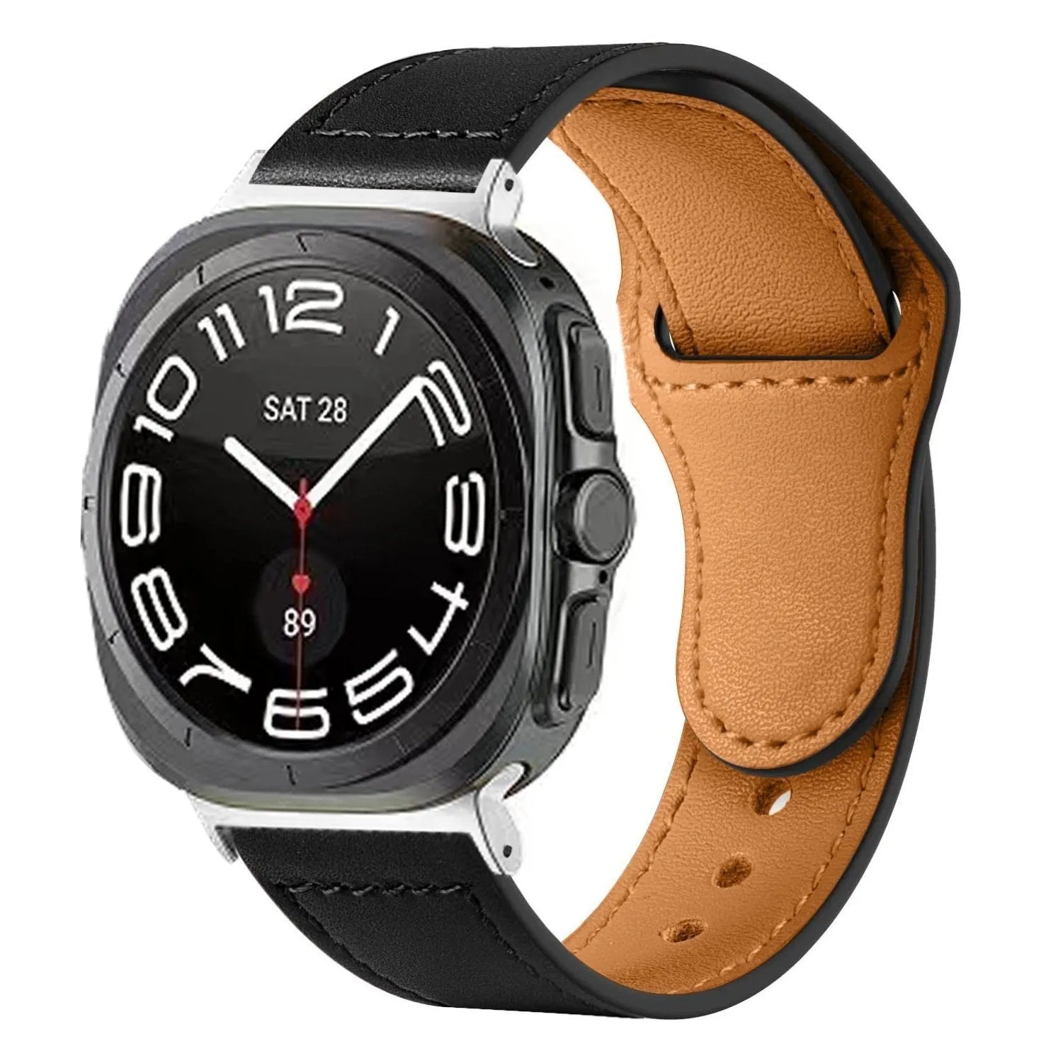 Leather Strap with Snap Closure, black, on a watch, 3/4 front view