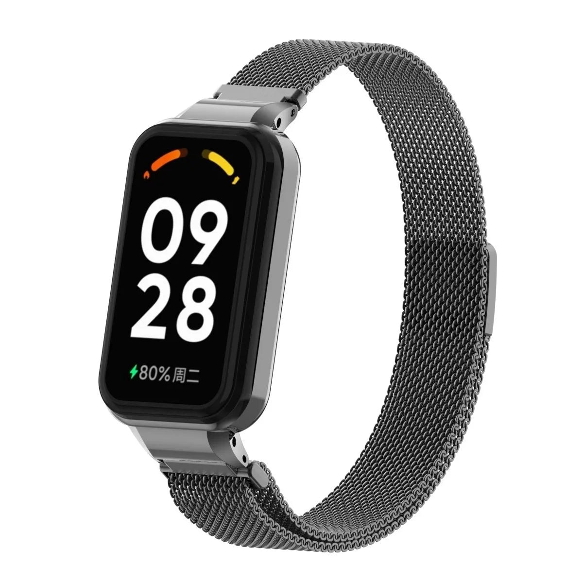 Milanese Strap, black, on a watch, 3/4 front view