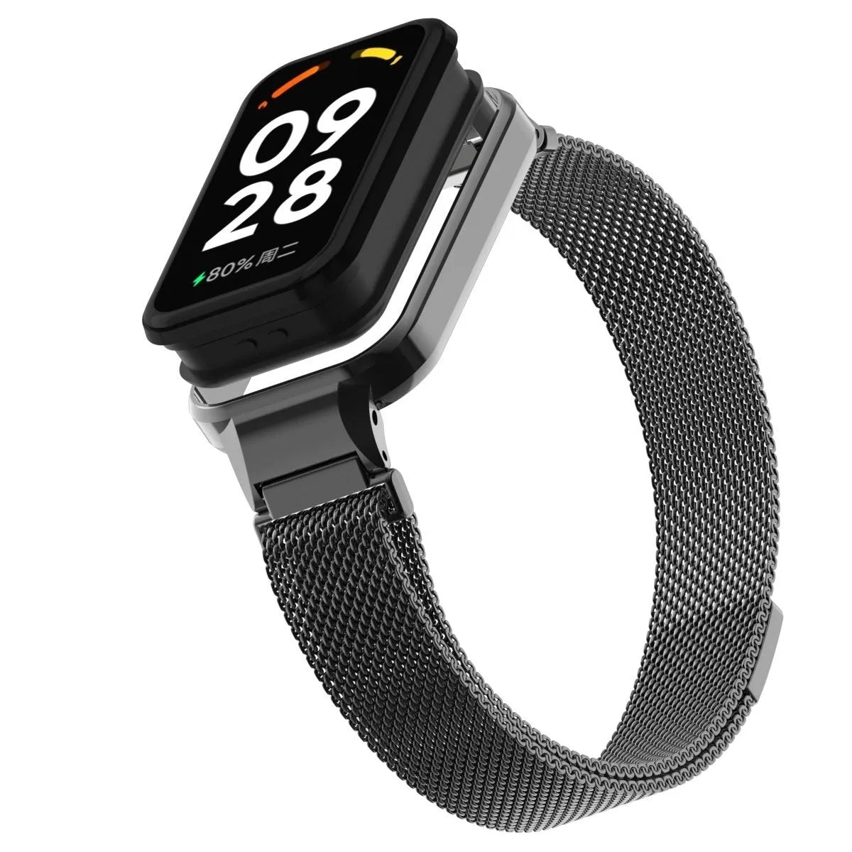 Milanese Strap, black, on a watch, 3/4 front view