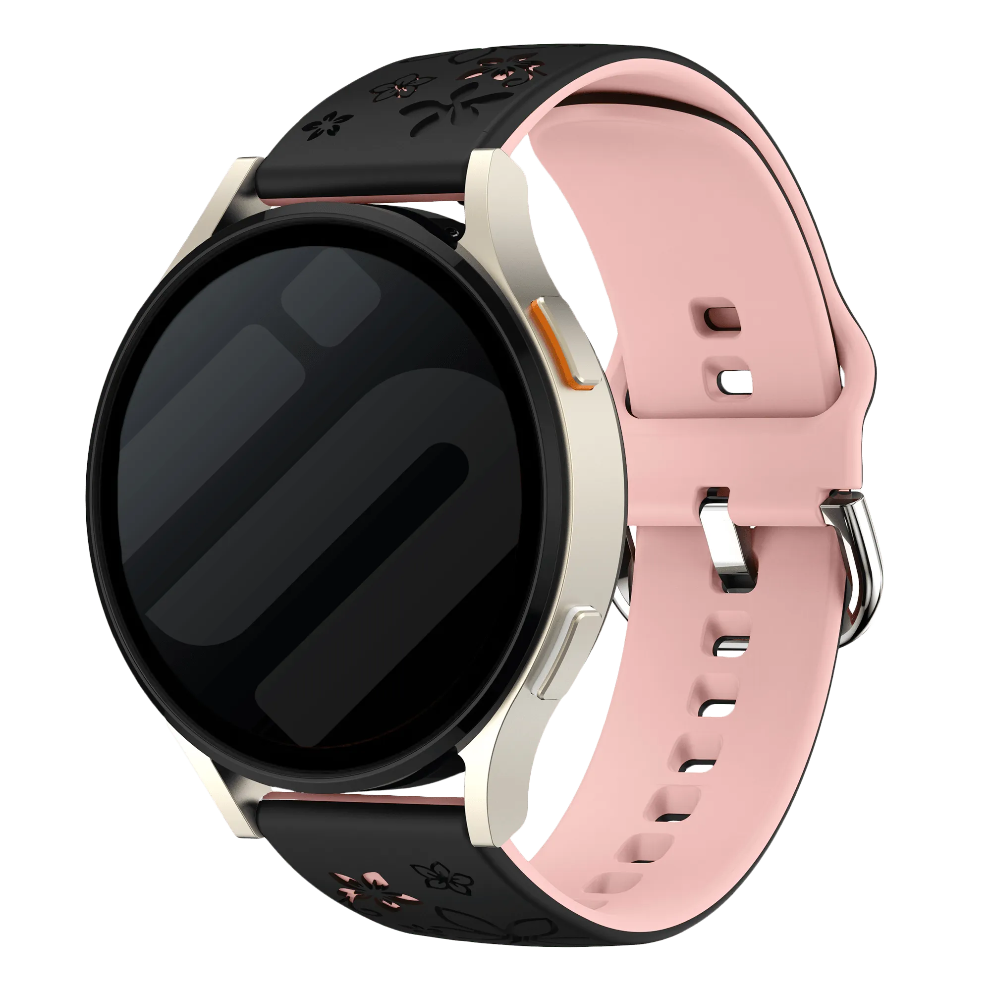 Flower Silicone Strap, black/light pink, on a watch, 3/4 front view