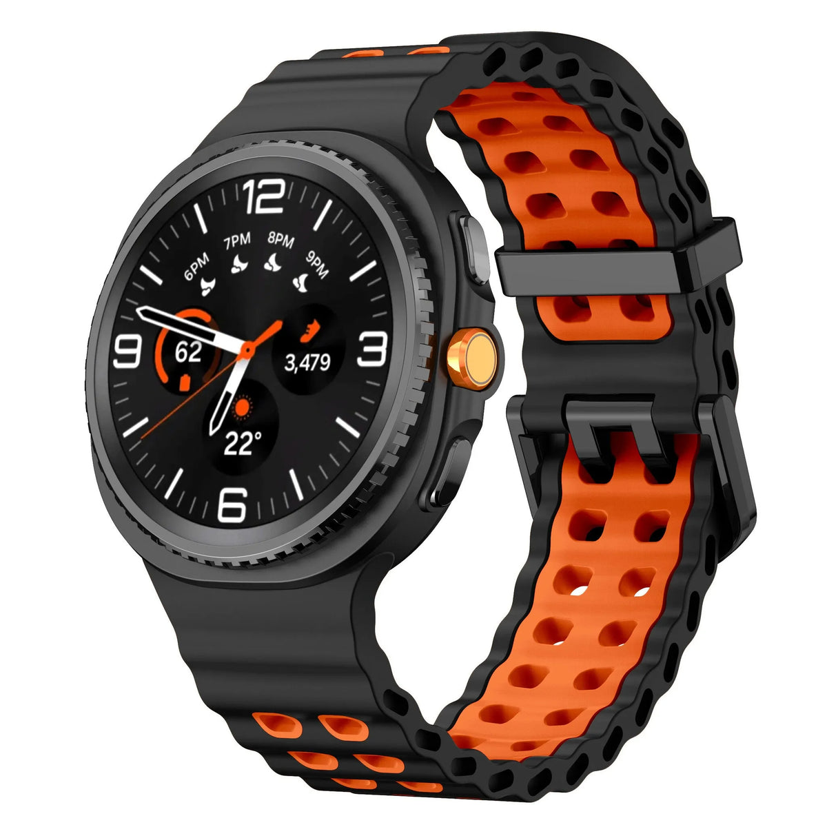Silicone Ocean Strap, black/orange, on a watch, 3/4 front view