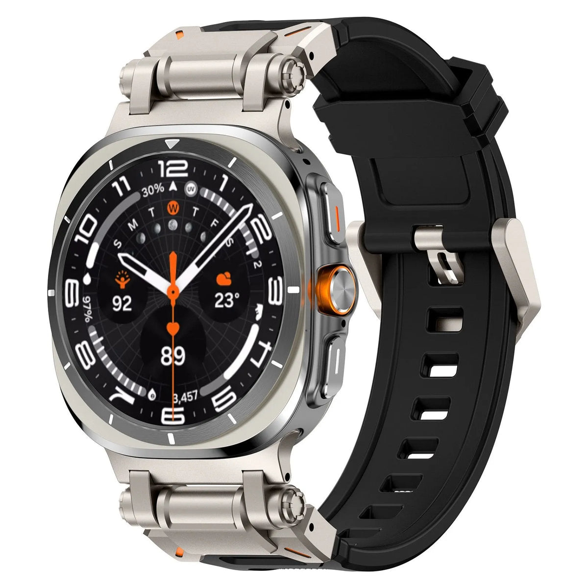 Silicone Strap 'Explorer', black with titanium, on a watch, 3/4 front view