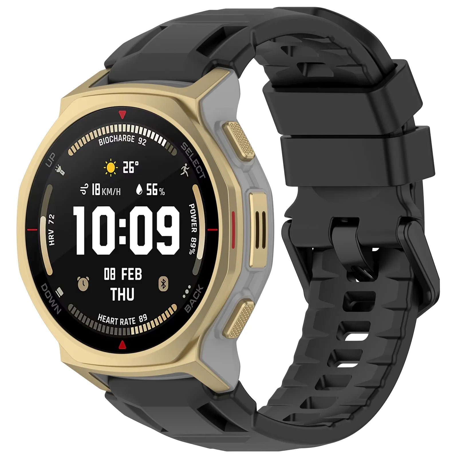 Silicone Strap, black, on a watch, 3/4 front view