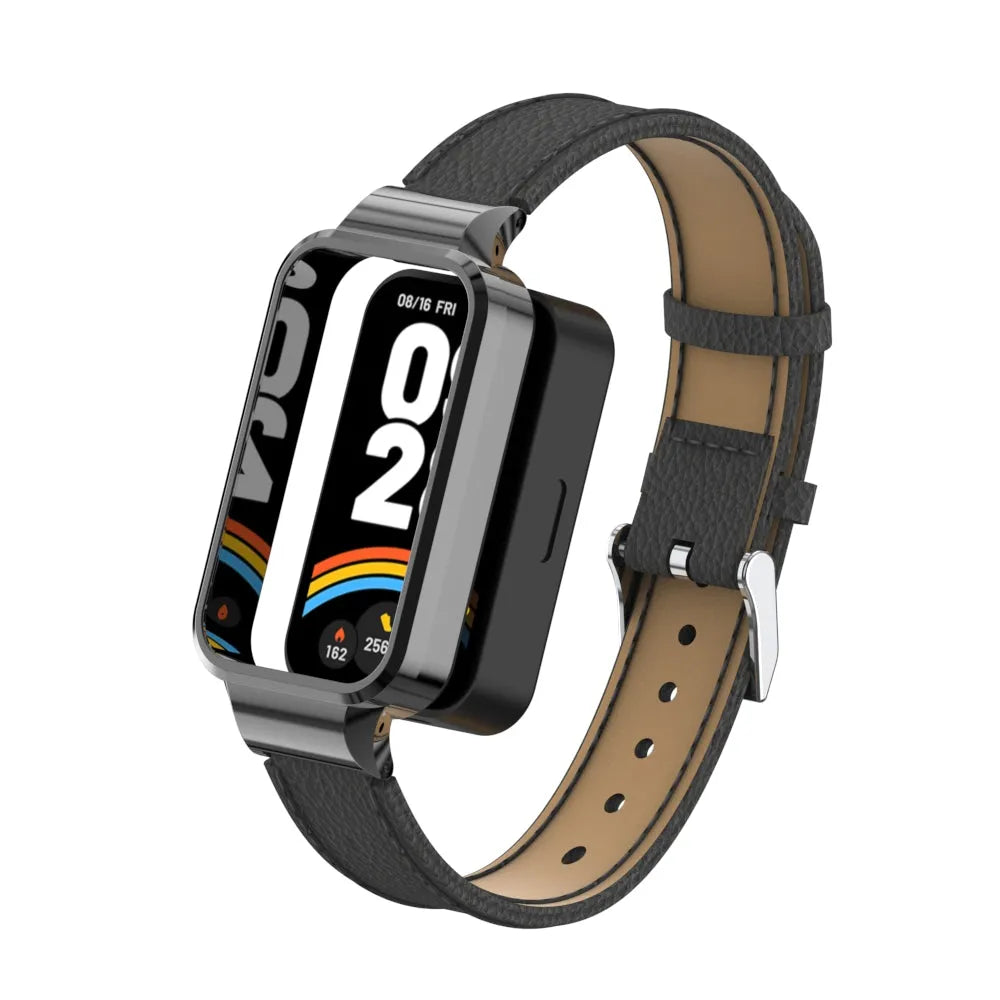 Leather Strap, black, on a watch, 3/4 front view
