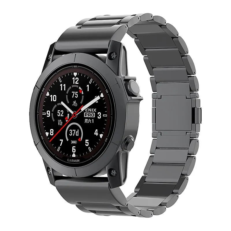 Magnetic Titanium Strap, black, on a watch, 3/4 front view
