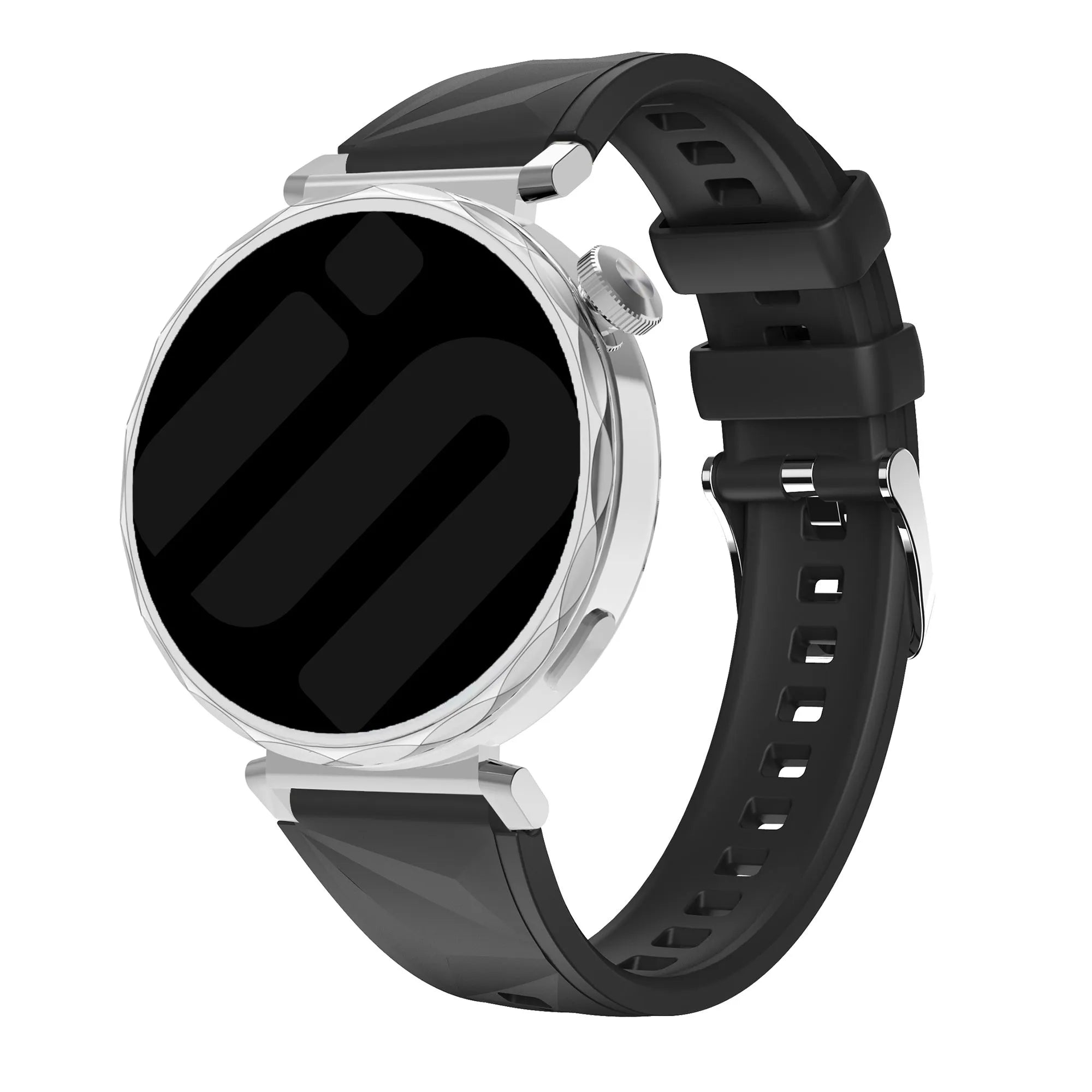 Premium Silicone Strap, black, on a watch, 3/4 front view