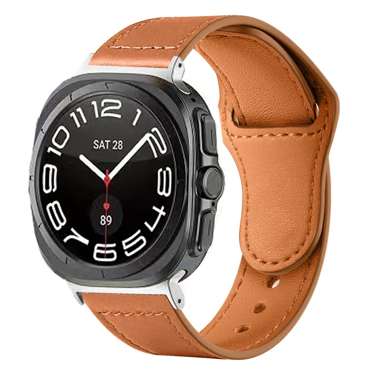 Leather Strap with Snap Closure, brown, on a watch, 3/4 front view
