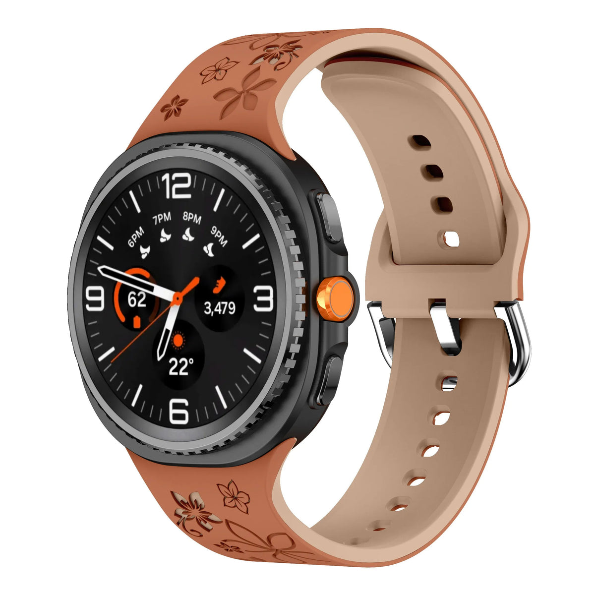 Flower Silicone Strap, brown/beige, on a watch, 3/4 front view