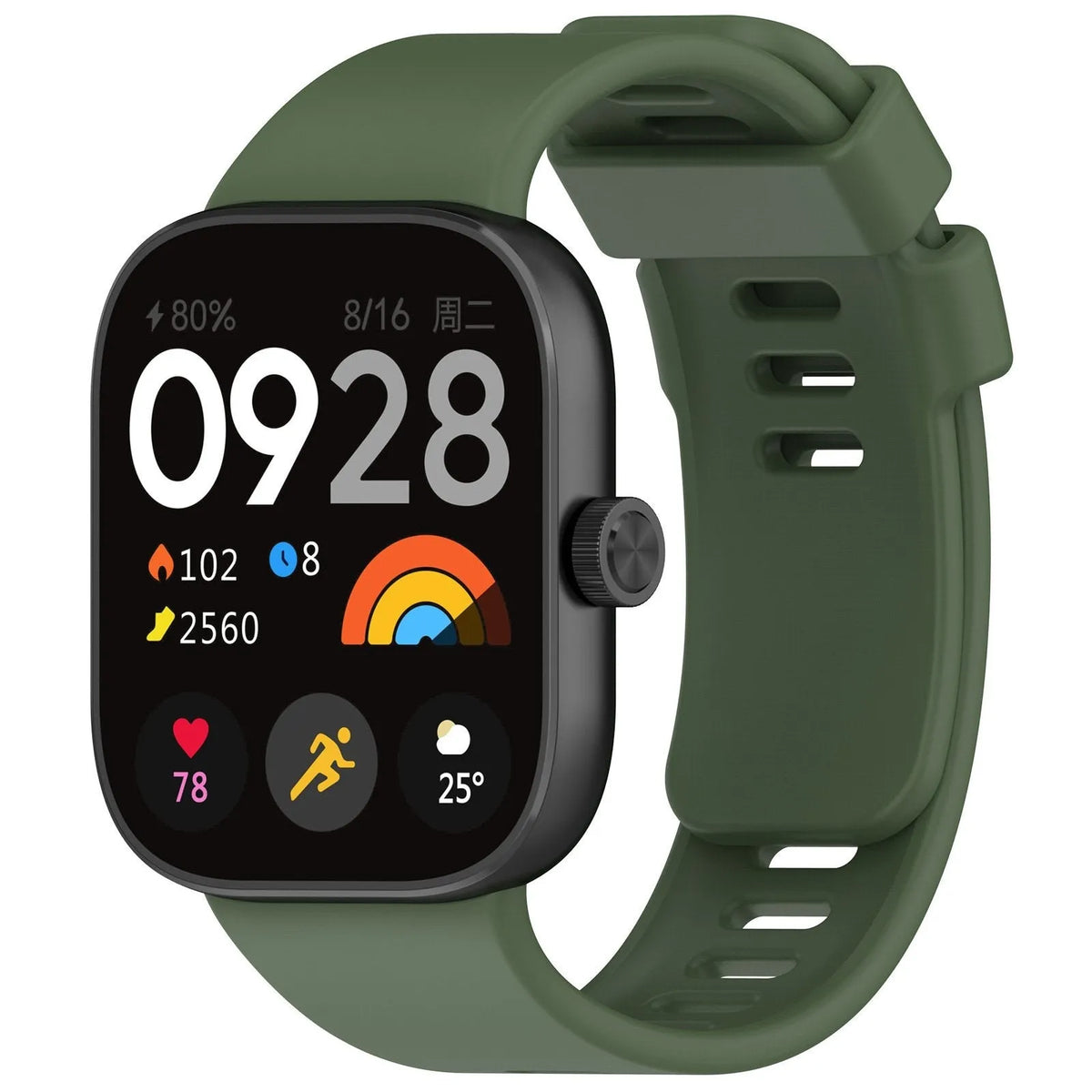 Silicone Strap, dark green, on a watch, 3/4 front view